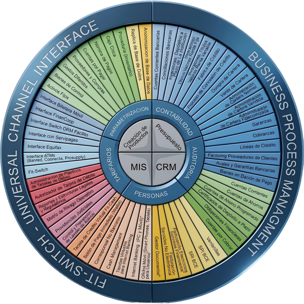 Rueda funcional de FIT-BANK: interfaz universal de canales, business process management, contabilidad, auditoría, personas, presupuesto, MIS, CRM y FIT-SWITCH.